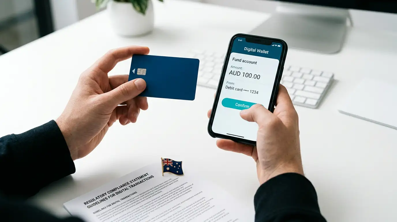 Hand tapping a debit card on a payment terminal with a crossed-out credit card symbol nearby
