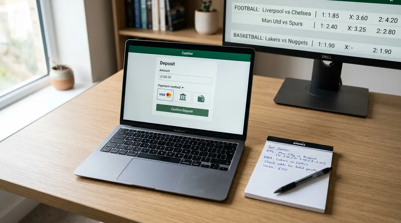 Laptop screen showing an Australian sports betting site cashier page with Skrill payment option selected