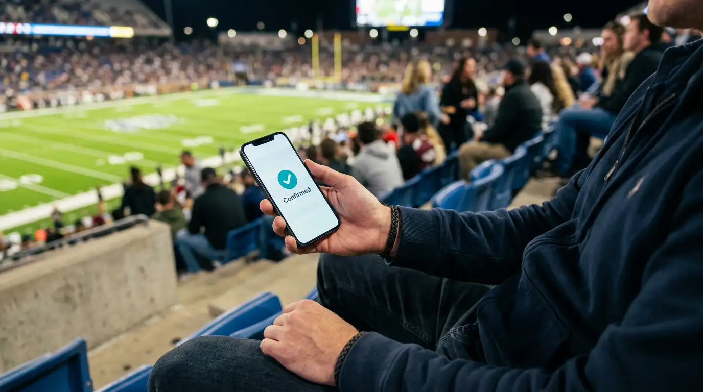 Person holding a smartphone with a sports betting app open while watching a live match at a venue