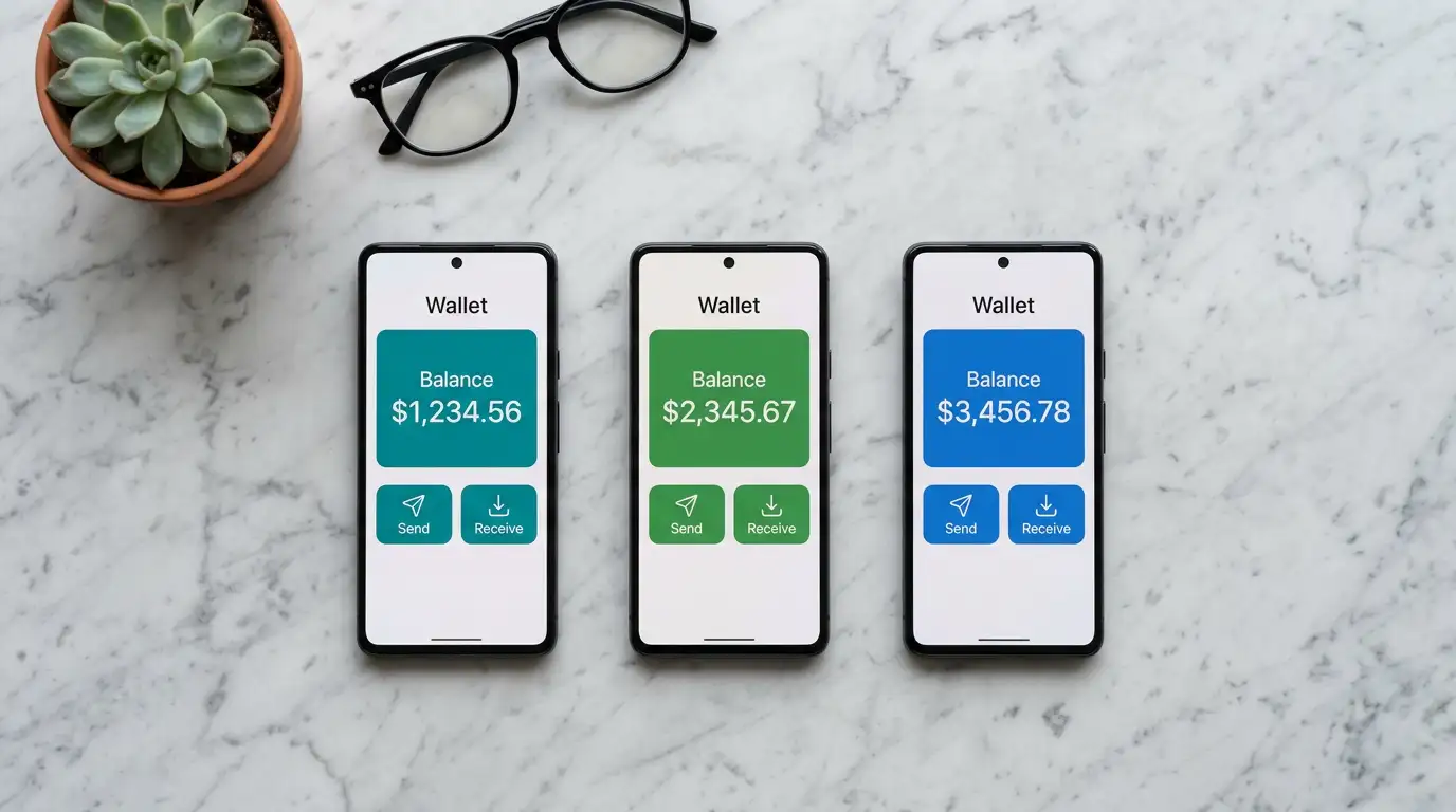 Three digital wallet cards placed side by side on a desk for comparison of e-wallet features for betting
